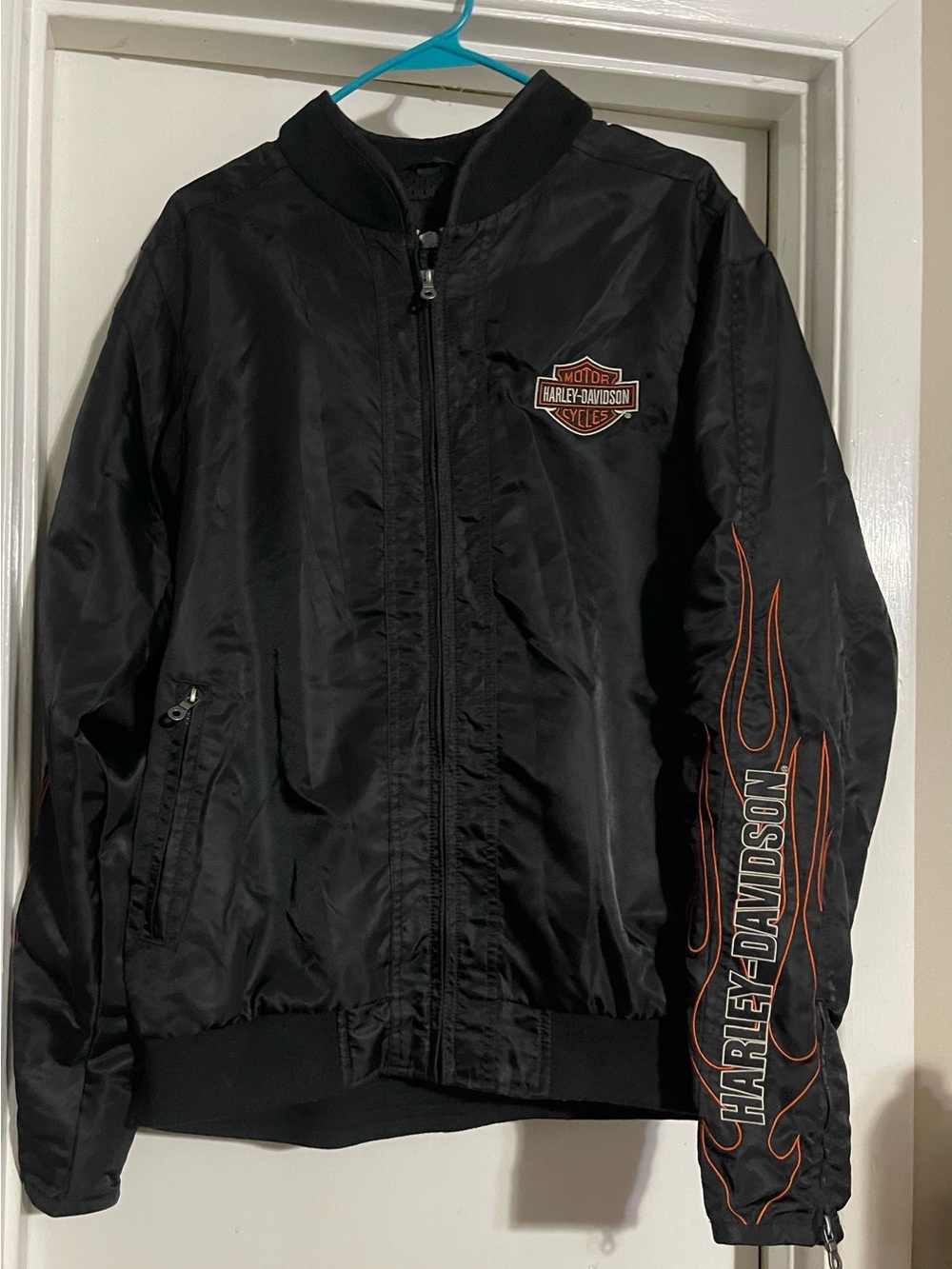 Harley Davidson Motorcycle Black Nylon Bomber Jacket w/ Orange Flames SZ Large